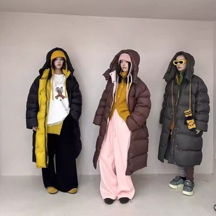 大被子加厚白鸭绒外套 新款 过膝长款 连帽撞色拼接羽绒服女2024冬季