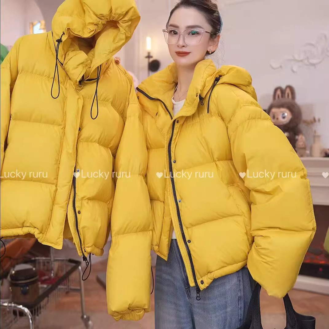 欧版立领连帽羽绒服女短款2025冬新款泡芙蓬松白鸭绒加厚面包外套