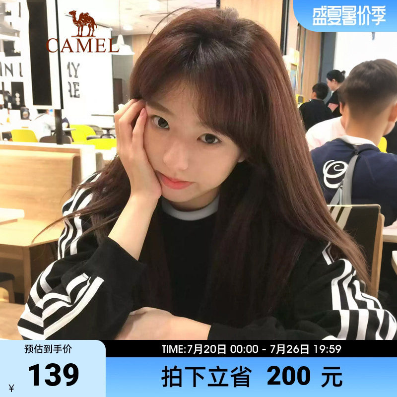 骆驼运动圆领长袖T恤男女同款秋季新款休闲卫衣三条杠黑白色上衣