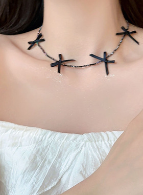 黑色蝴蝶结叠戴项链女款纯欲辣妹风choker颈链轻奢小众锁骨链配饰