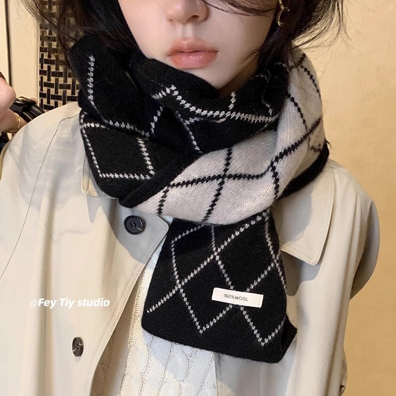 澳洲羊毛100%wool 小香风双面围巾菱形格子围脖冬季保暖韩版情侣