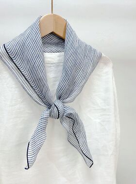 日系文艺条纹亚麻小方巾女夏小清新透气薄款护颈丝巾百搭出游拍照