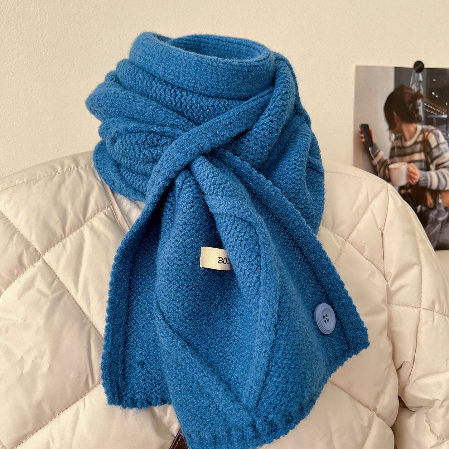 围巾韩系氛围感糖果色多种戴法针织围巾冬季保暖纽扣款围脖披肩