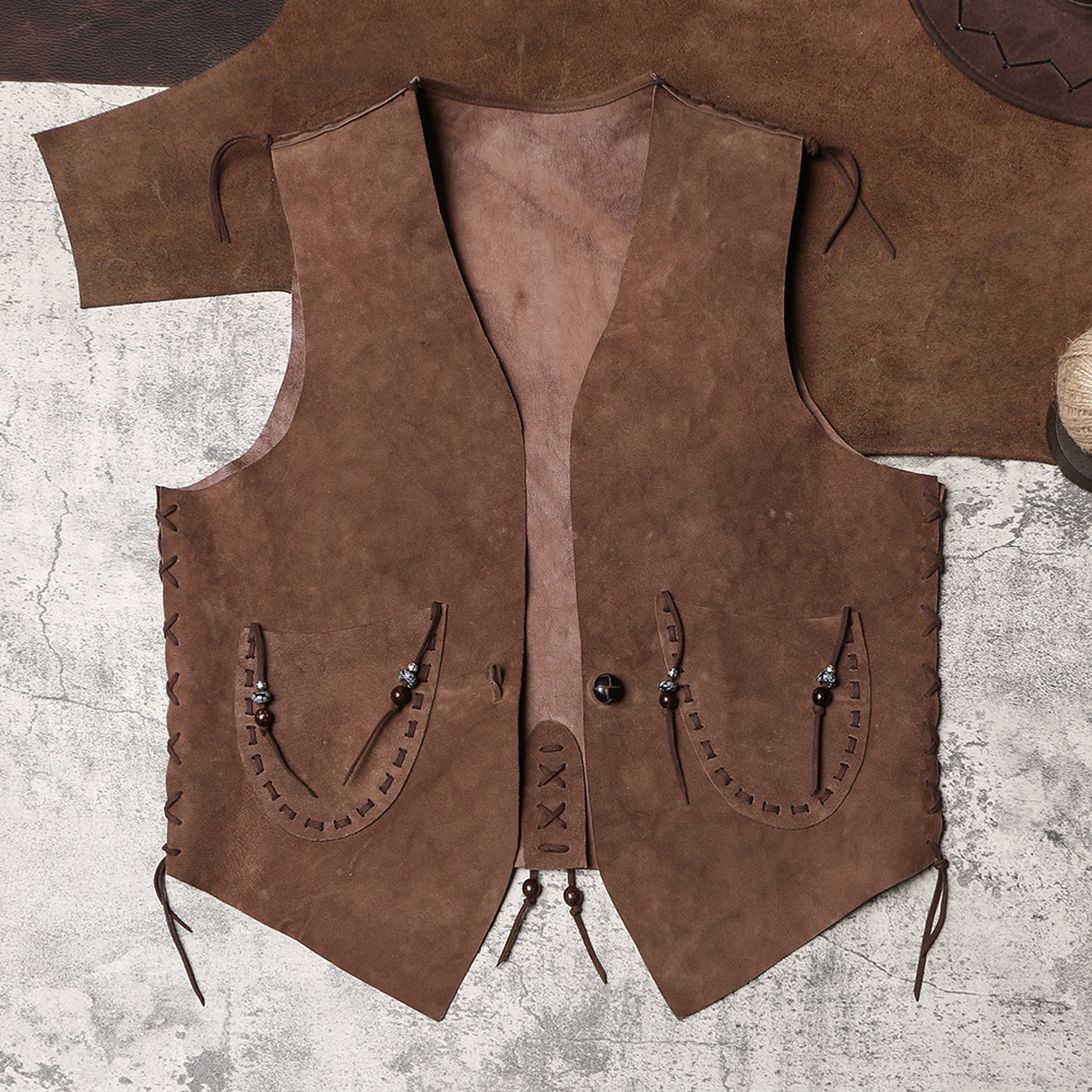 两面穿手工编织无领皮坎肩