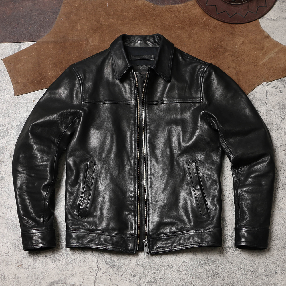 男士翻領蠟染無涂山羊皮外套