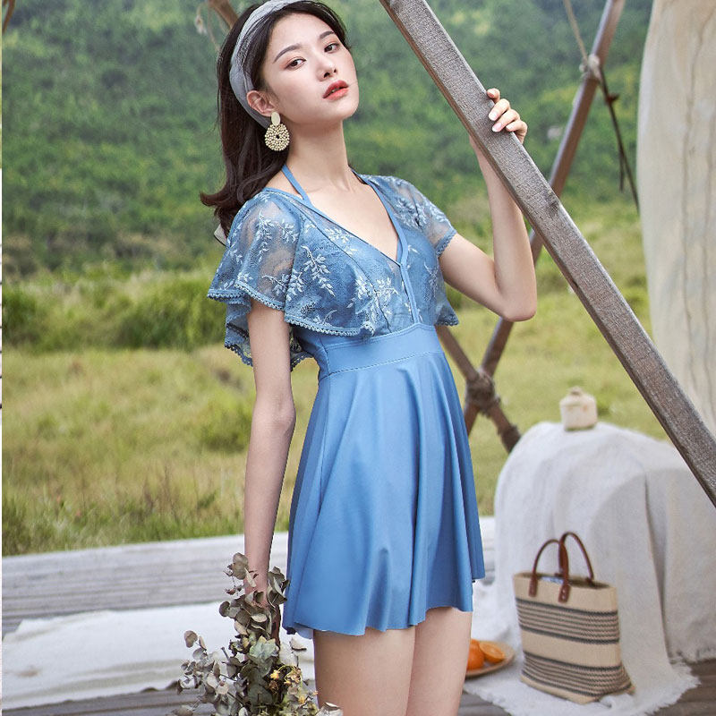 奥凯莱新款泳衣女显瘦遮肚法式时尚连体裙式温泉泳衣蕾丝大码