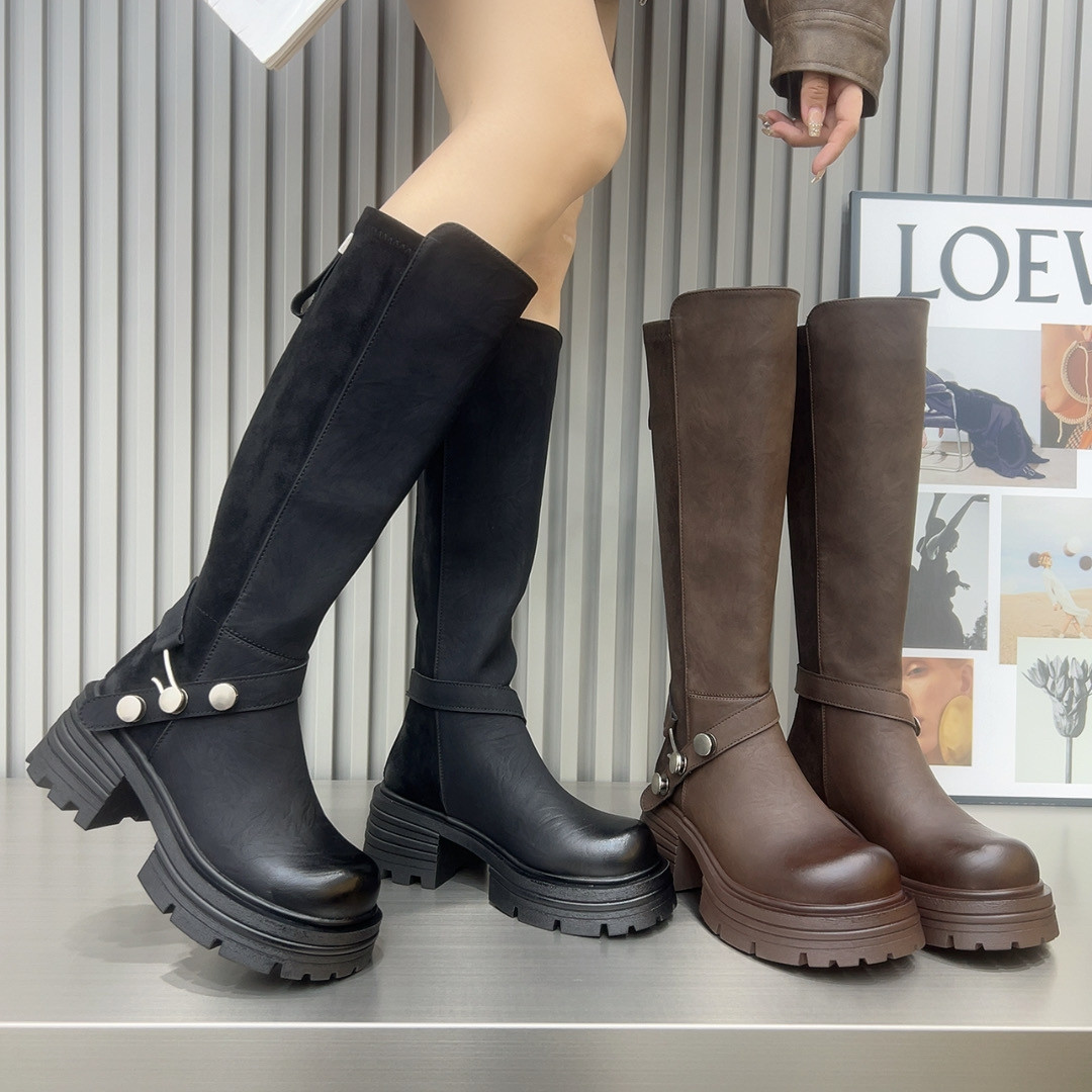 2025年新款厚底粗跟增高后拉链短靴女秋冬百搭皮带扣马丁靴女