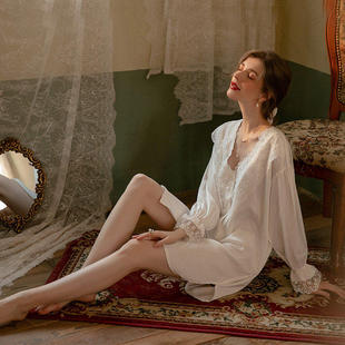 睡衣女2026年新款 衬衫 睡裙女真丝蕾丝白色甜美仙女大码 维多控长袖