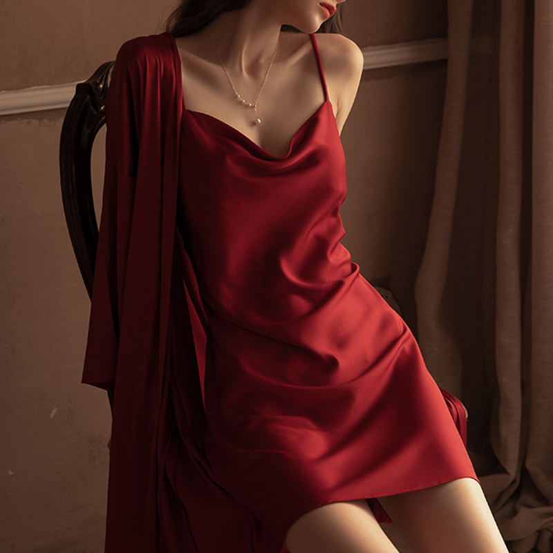 维多控红色性感睡衣女两件套秋冬荡领吊带真丝睡裙新娘家居服套装