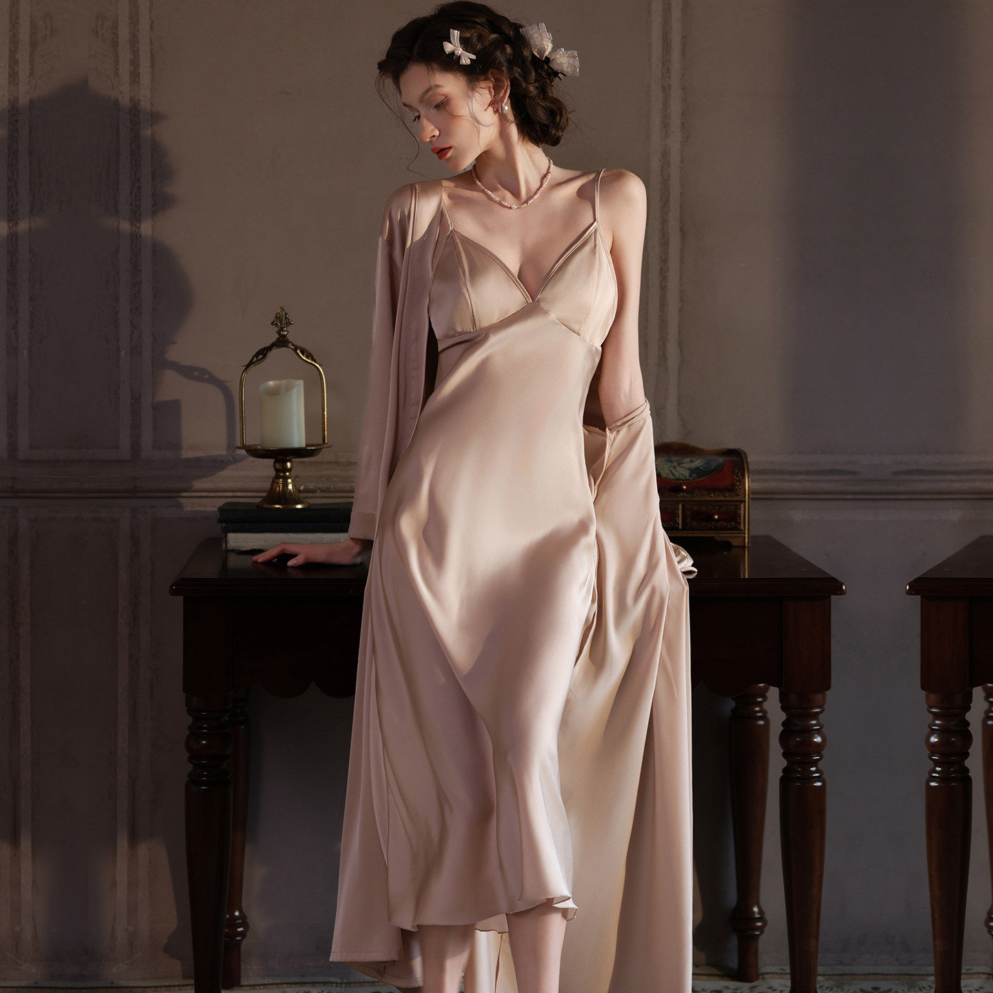 男友家性感睡衣女春夏V领带胸垫真丝长款吊带睡裙睡袍长裙两件套