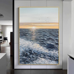 手绘油画海上日出玄关挂画客厅沙发背景墙装饰画餐厅轻奢风景壁画