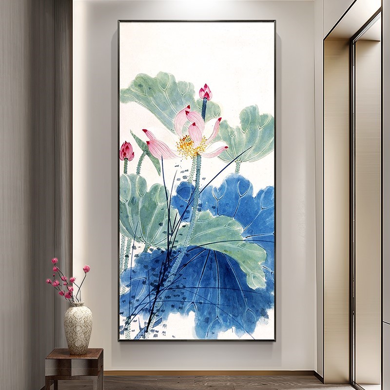 新中式玄关花卉装饰画竖版走廊过道楼梯间挂画荷花抽象纯手绘油画图片