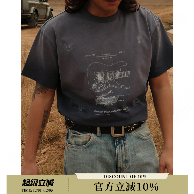 230G摇滚复古芬达电吉他VINTAGE褪色水洗做旧印花T恤 MBBCAR窄幅