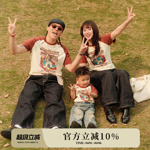 短袖 MBBCAR窄幅 亲子套装 复古60s迷幻蓝调摇滚VonDutch海报擦肩袖