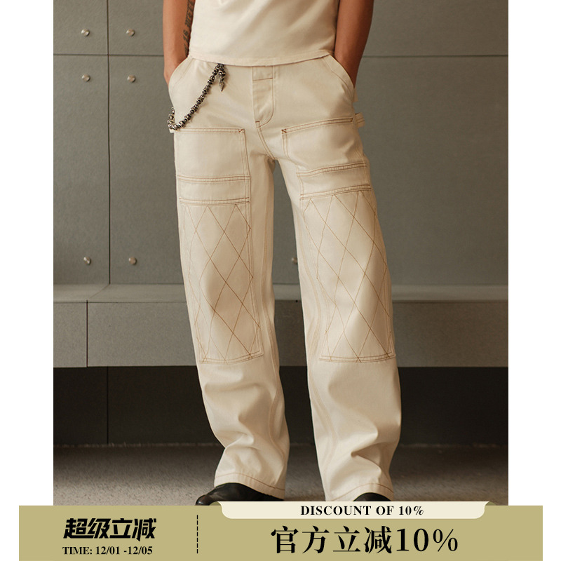 双膝14.7OZ机车井下705B米白原棉籽壳白胚阔腿工装牛仔裤 MMC窄幅