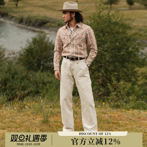 14OZ白胚棉印第安阿兹特克图腾705B双膝绣花伐木工裤MBBCAR窄幅