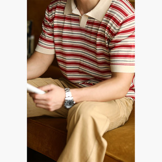 暗红米白条纹POLO针织衫MBBCAR窄幅美式复古透气夏季短袖T恤