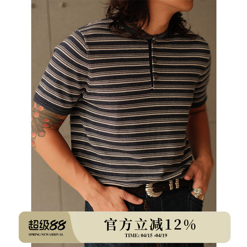 海军条纹藏蓝花纱老布感美式复古亨利领套头短袖针织衫MBBCAR窄幅