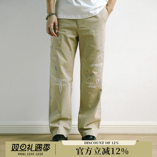 做旧复古泼墨破坏镂空绣花宽松chino休闲直筒长裤MBBCAR窄幅