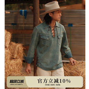 MBBCAR窄幅 西部系列9.8OZ海盗领丹宁牛皮绑带复古半开襟衬衫