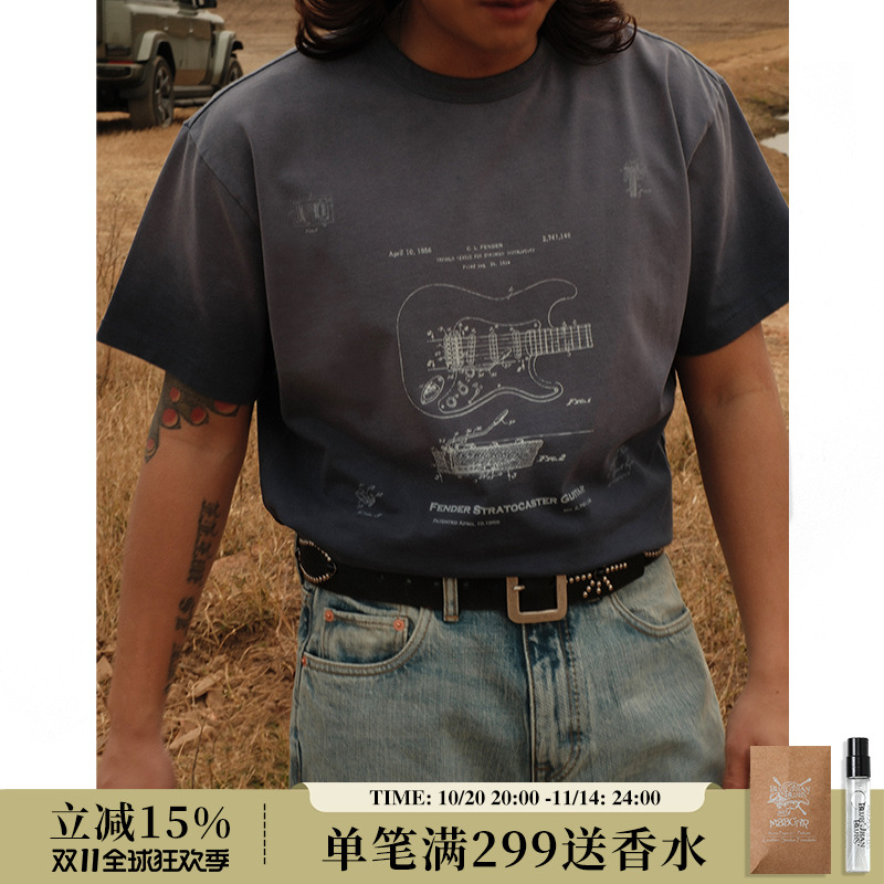 230G摇滚复古芬达电吉他VINTAGE褪色水洗做旧印花T恤 MBBCAR窄幅