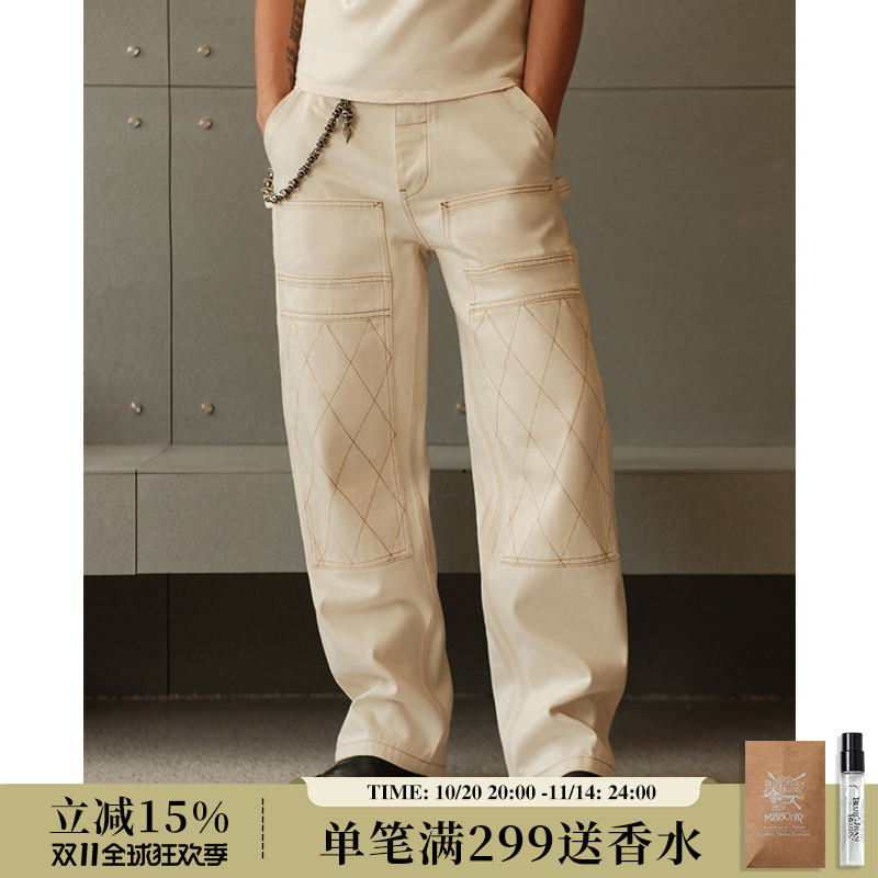 双膝14.7OZ机车井下705B米白原棉籽壳白胚阔腿工装牛仔裤 MMC窄幅
