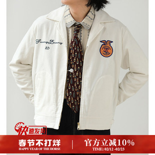灯芯绒美式复古精工刺绣外套白色 阿美咔叽FFA农协夹克MBBCAR窄幅