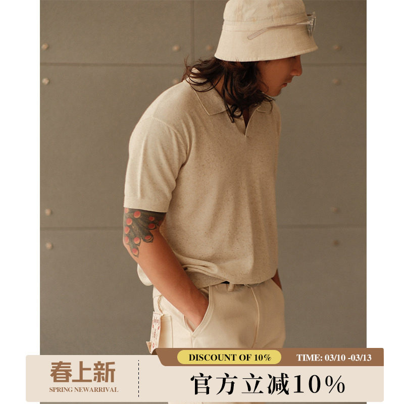 天丝麻混纺老钱复古马球杏白复古Polo短袖针织衫 MBBCAR窄幅