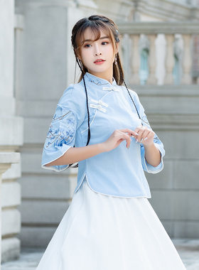 街头时尚女新中式刺绣改良学生日常国风裙子少女青花瓷套装中长款