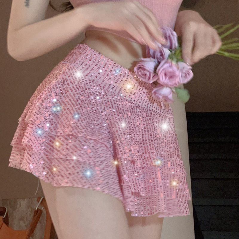 纯欲辣妹夜店钢管舞DJ粉色亮片多层荷叶边超短裙辣妹性感半身裙女