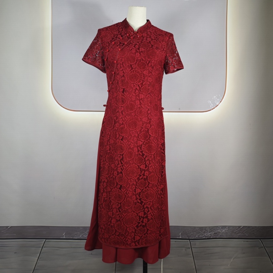 曼妙娉婷Y2404B065红色连衣裙婚宴礼服蕾丝裙子2025夏新款敬酒服