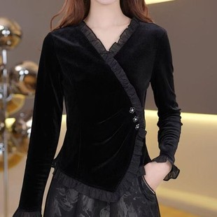 T恤女收腰显瘦感轻奢女士春秋打底小衫 时尚 金丝绒长袖 新款 春装