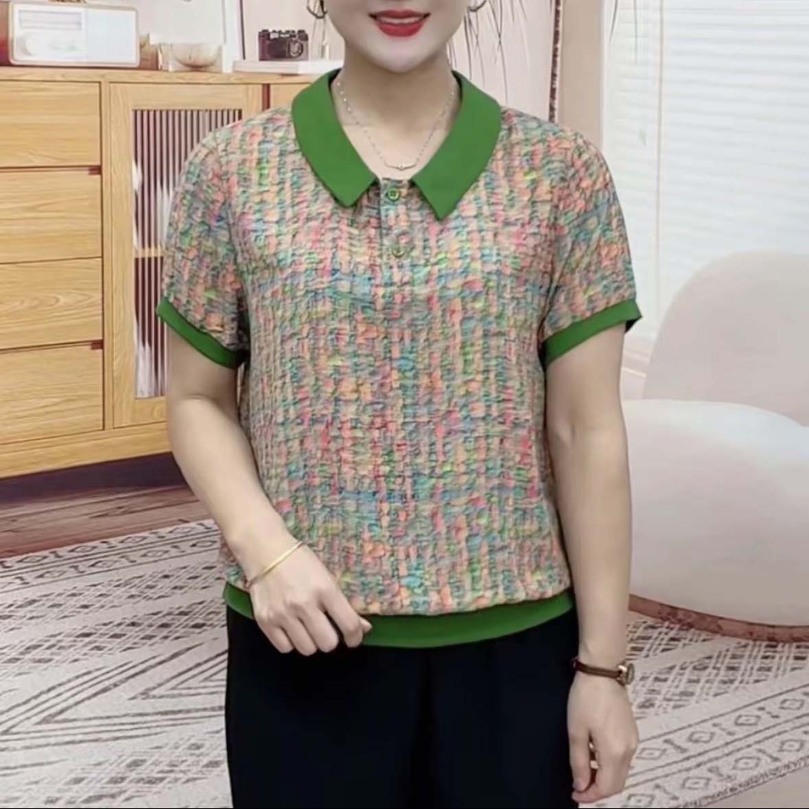 26年夏季网红款短袖T恤女时尚洋气翻领妈妈装半截袖打底衫小衫女