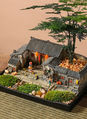 农家小院摆件复古建筑模型酒柜茶台茶桌茶室家居装饰客栈农家乐