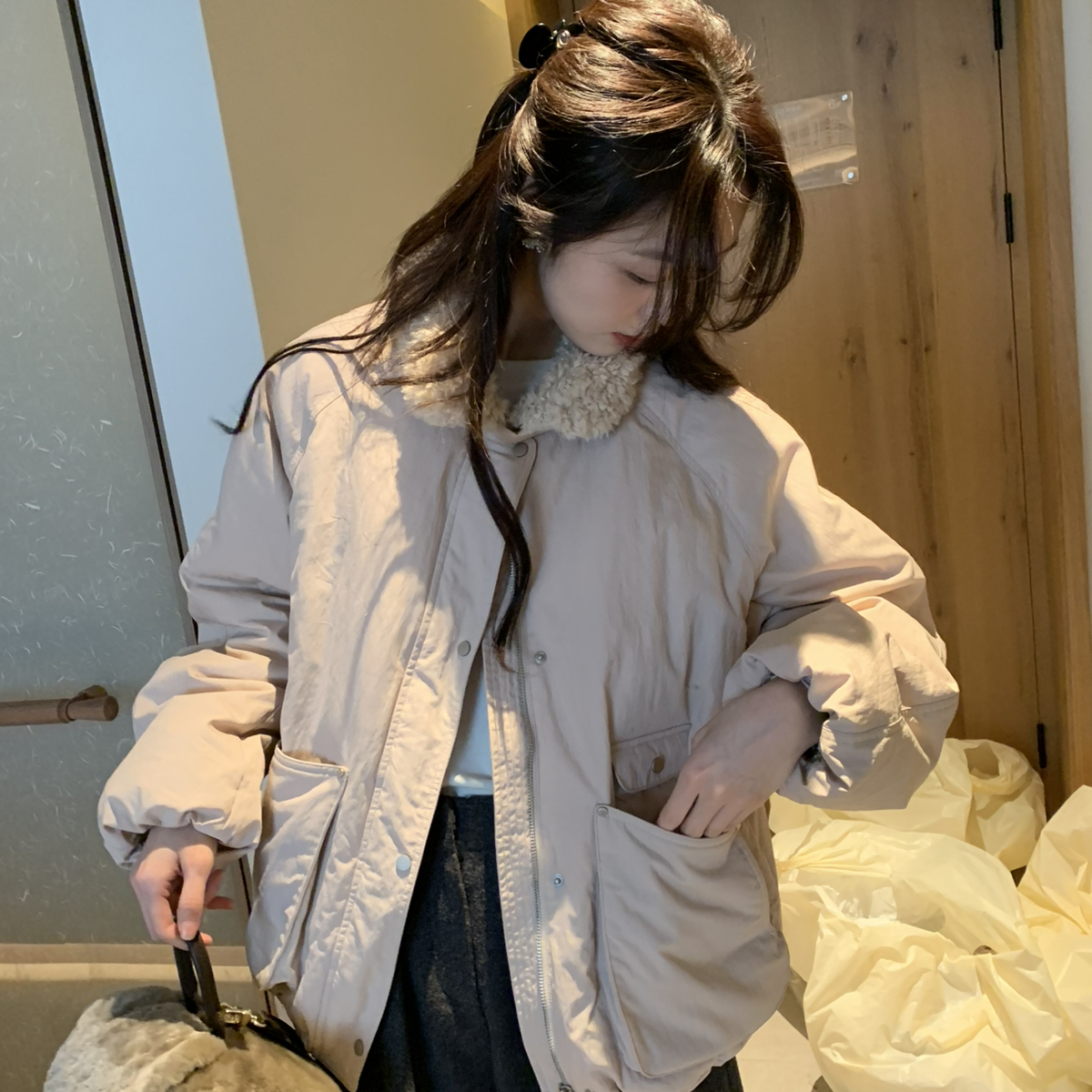 SEMICOLONS-上新爆款简约宽松通勤韩系羊羔毛保暖羽绒服外套D114
