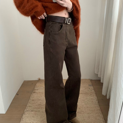 TABLE-咖色窄版直筒微喇高腰显瘦牛仔裤磨毛薄绒百搭牛仔裤1122-1