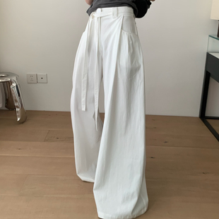 休闲裤 TABLE 压褶绑带休闲裤 高腰阔腿直筒拖地长裤 35029 配腰绳