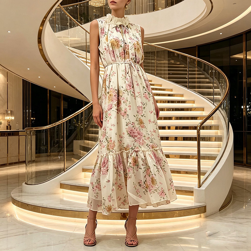 2026欧美欧洲春季成衣新款粉色印花飘逸风格长款连衣裙花色外单