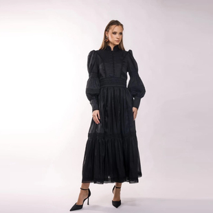 大量现货法式设计感灯笼袖收腰高版本大摆连衣裙刺绣花边长裙女装