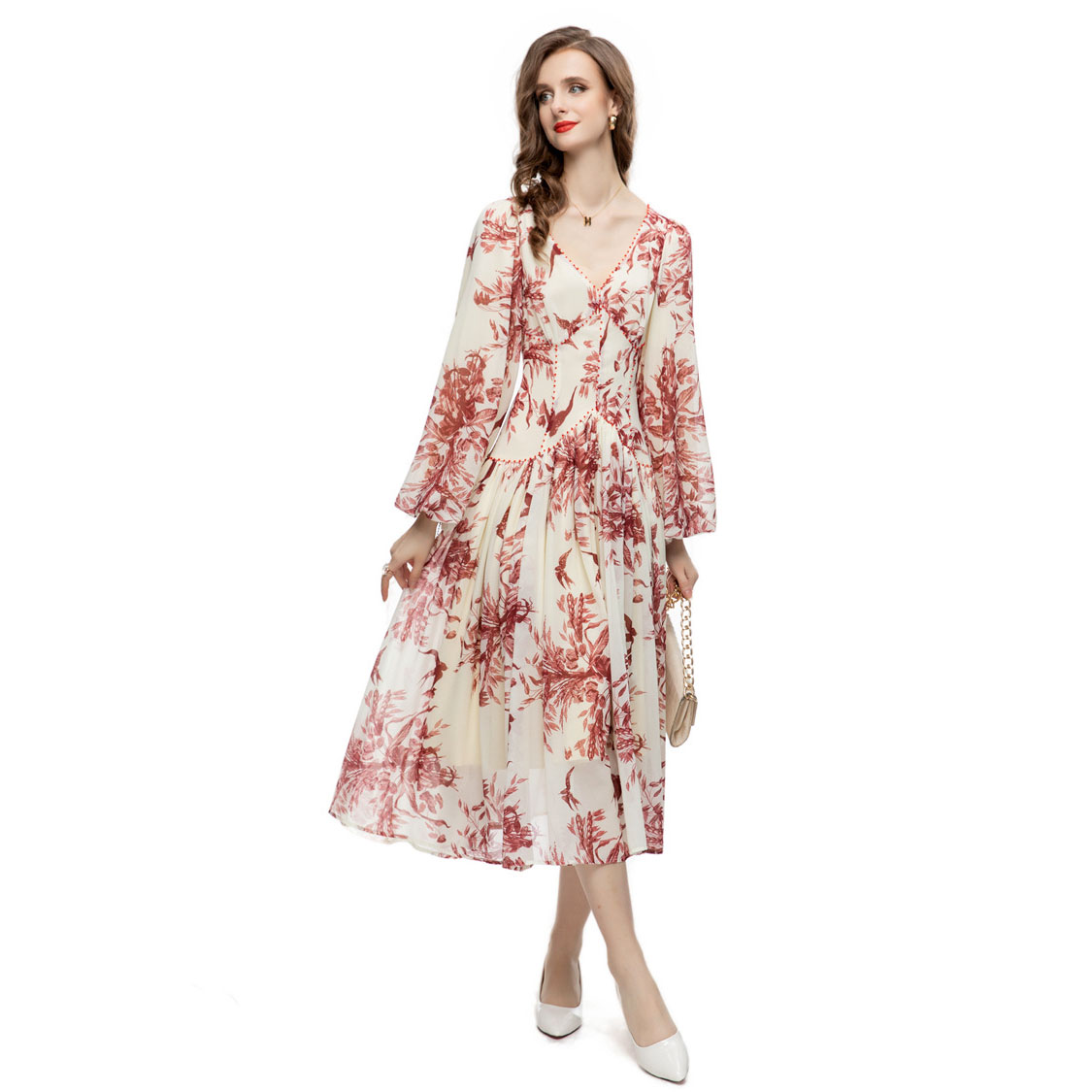 欧美女装气质优雅灯笼袖连衣裙叮嘱红伞印花大摆v领春秋新款裙子