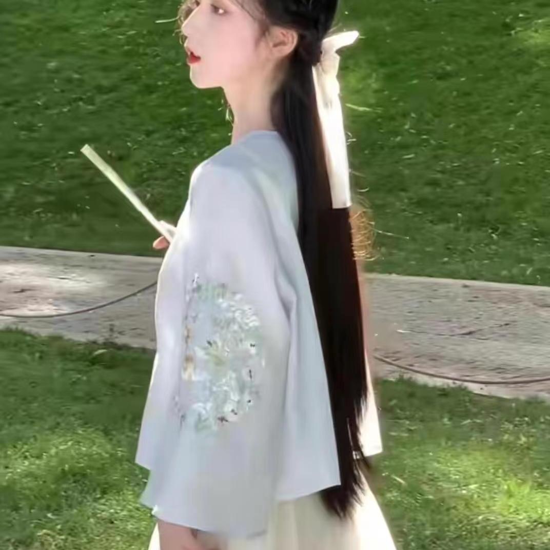 小個(gè)子新中式國(guó)風(fēng)古裝漢服茶藝唐裝改良刺繡古風(fēng)藍(lán)色仙女套裝裙夏