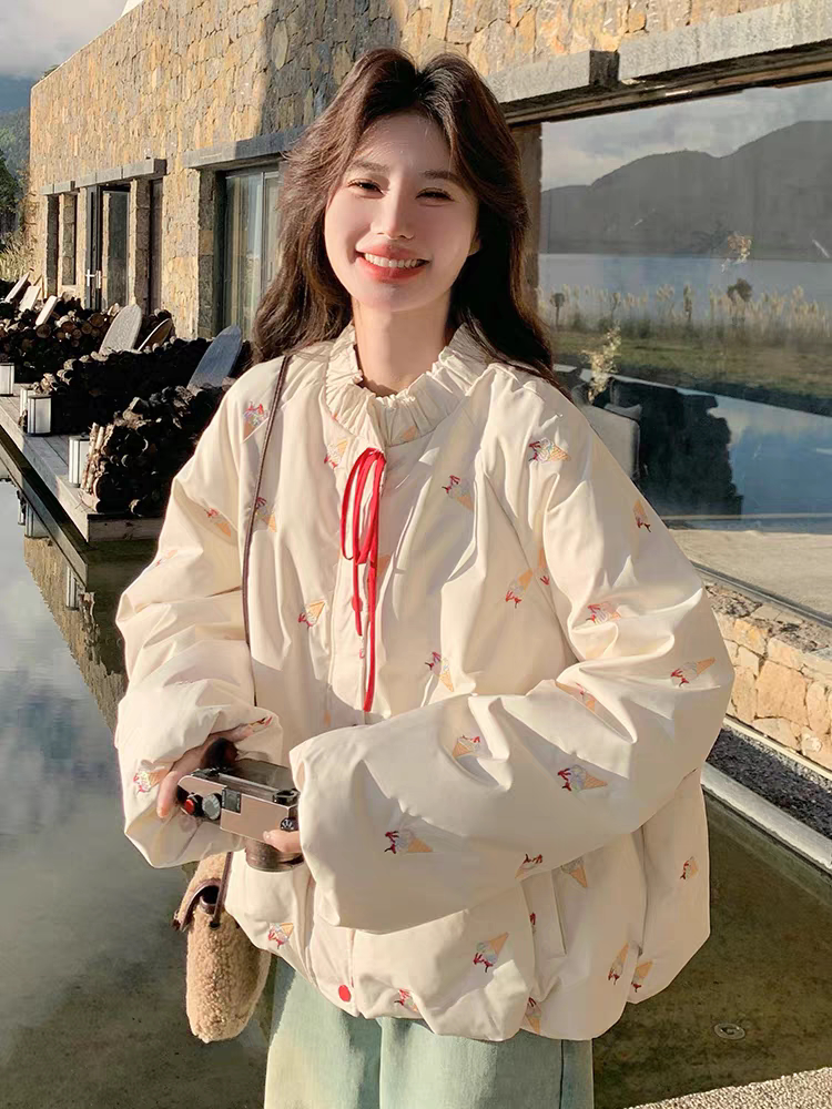 新中式国风冰淇淋刺绣羽绒棉服女冬2025新短款小个子宽松爆款外套