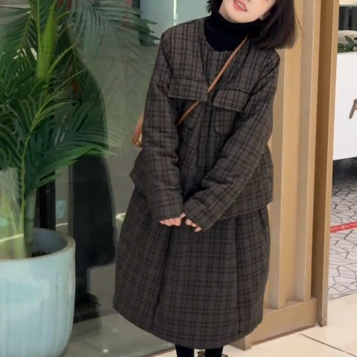 女童秋冬毛呢格纹花苞裙两件套