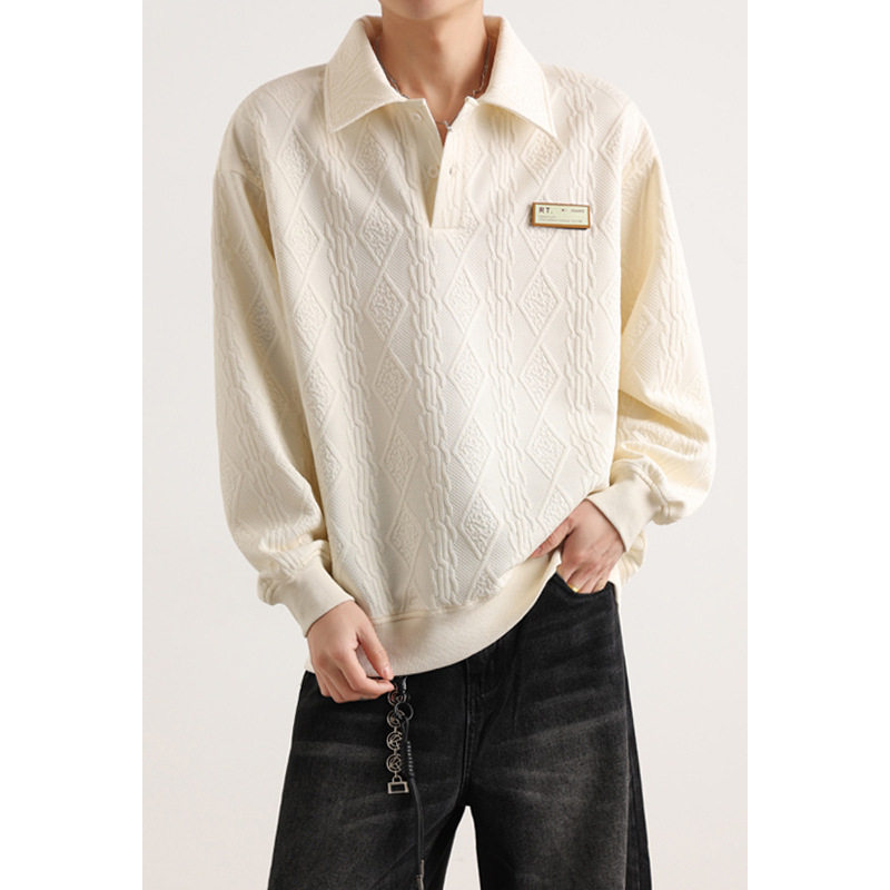 美式重磅肌理感提花翻领卫衣男潮牌复古加肥加大码胖人长袖polo衫,男装,卫衣,淘宝优惠券,粉丝福利购,淘宝优惠卷