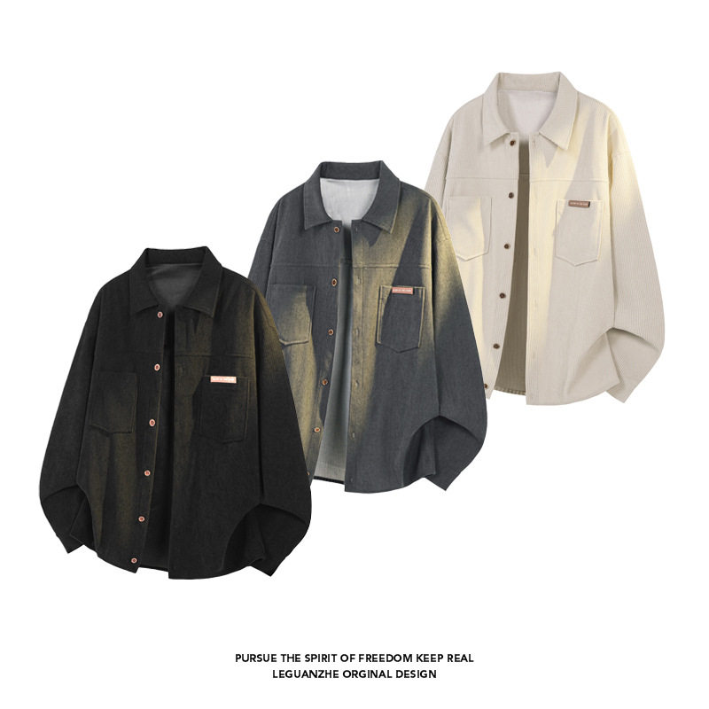 复古潮牌灯芯绒长袖衬衫男春秋新款痞帅慵懒风大码衬衣式夹克外套,男装,衬衫,淘宝优惠券,粉丝福利购,淘宝优惠卷
