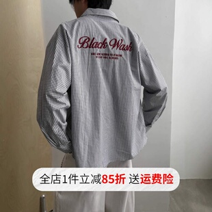 字母刺绣黑白格子衬衫男女春夏季美式复古宽松休闲通勤简约上衣