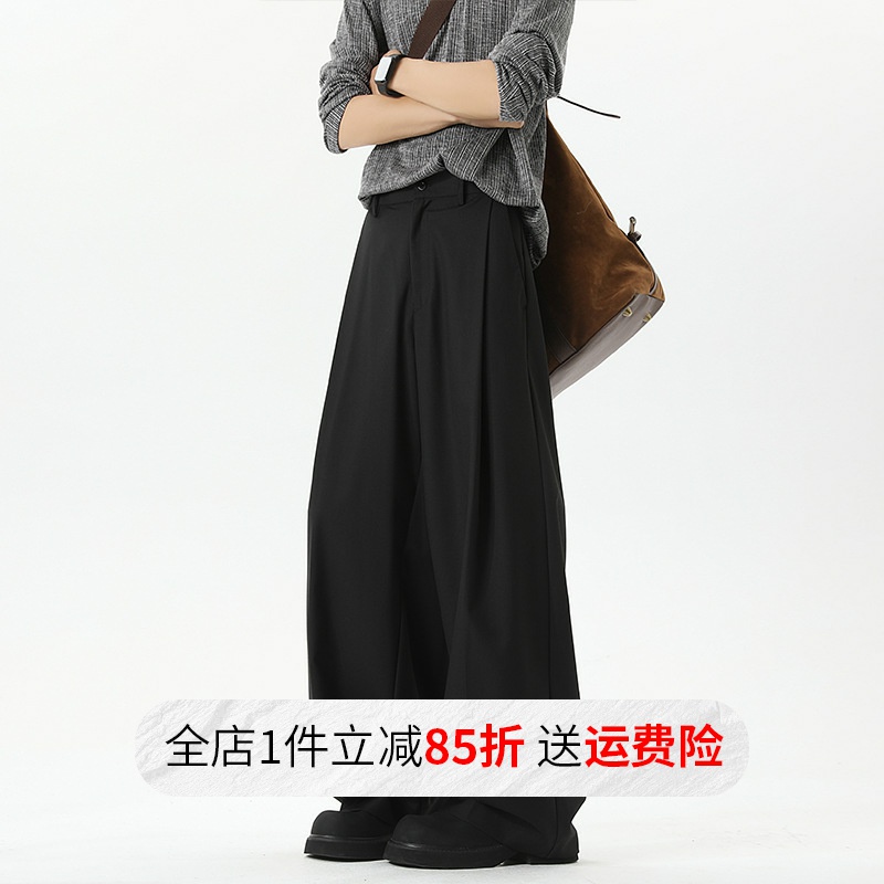 黑色褶皱西裤男春秋垂感宽松阔腿休闲裤子潮牌美式高街直筒西装裤