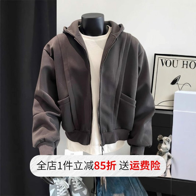 巴黎灰色短款卫衣男秋冬400g重磅硬挺美式拉链外套解构拼接连帽衫,男装,卫衣,淘宝优惠券,粉丝福利购,淘宝优惠卷