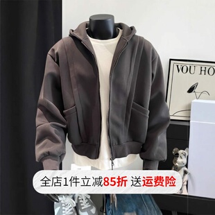 巴黎灰色短款卫衣男秋冬400g重磅硬挺美式拉链外套解构拼接连帽衫