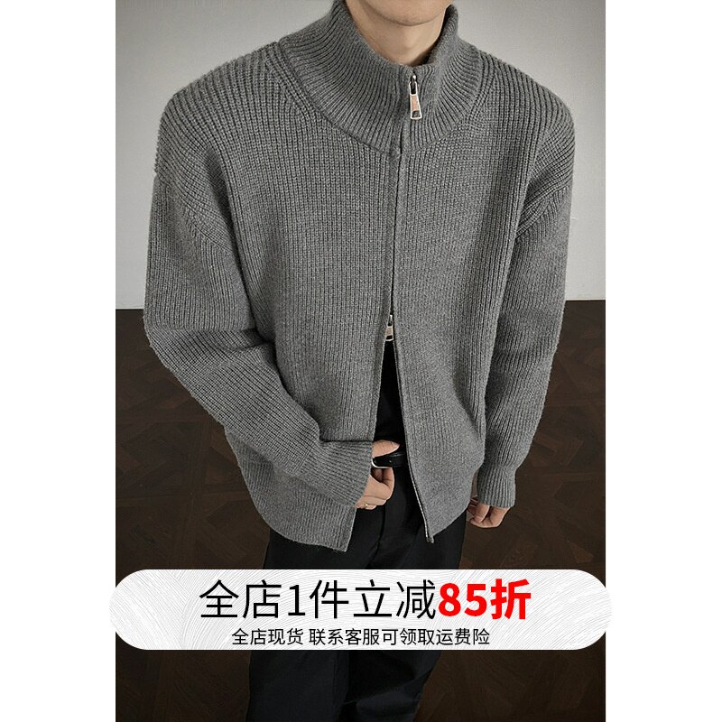 立领拉链毛衣外套男女款早秋季设计感纯色修身美式复古针织衫潮牌